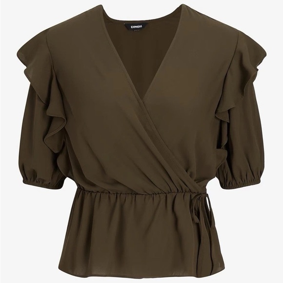 Express Women's Top Size XS Faux Wrap Puff Sleeves Peplum Olive Green NWT $54 - Picture 4 of 16